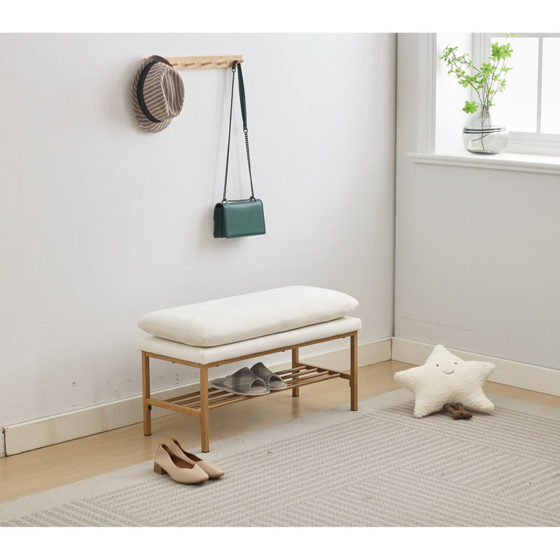 Upholstered Shoe Storage Bench With Cushioned Seat, End Of Bed Bench With Open Shelf And Metal Legs For Entryway, Beige