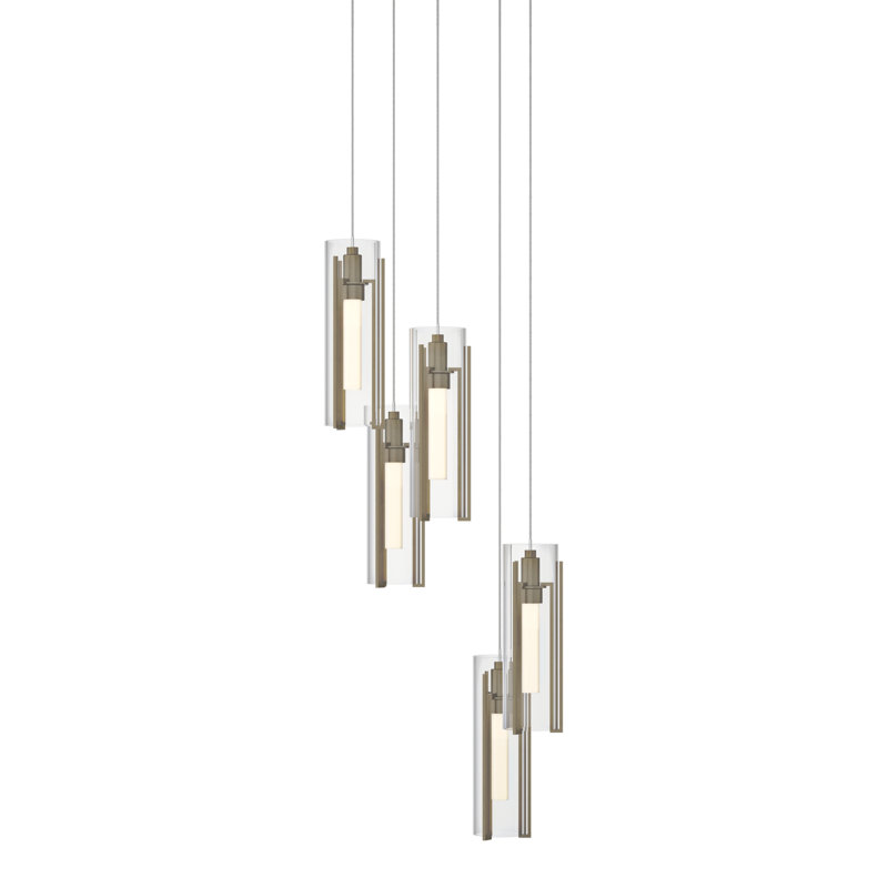 Luminaire suspendu cylindrique à 5 lumières Exos, Long: 13 po à 80 po, Verre transparent, Doré clair