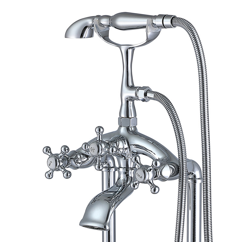 Robinet de baignoire à fixation au sol à triple poignée avec douchette, Chrome plaqué