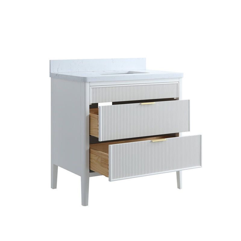 Ensemble de meuble-lavabo autoportant blanc entièrement assemblé de 30 po avec construction en bois massif et plateau en marbre d'ingénierie