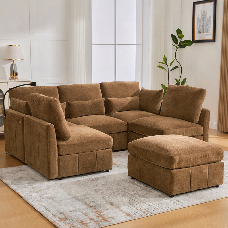 Chenille Upholstered Modular Sectional Sofa, Brown