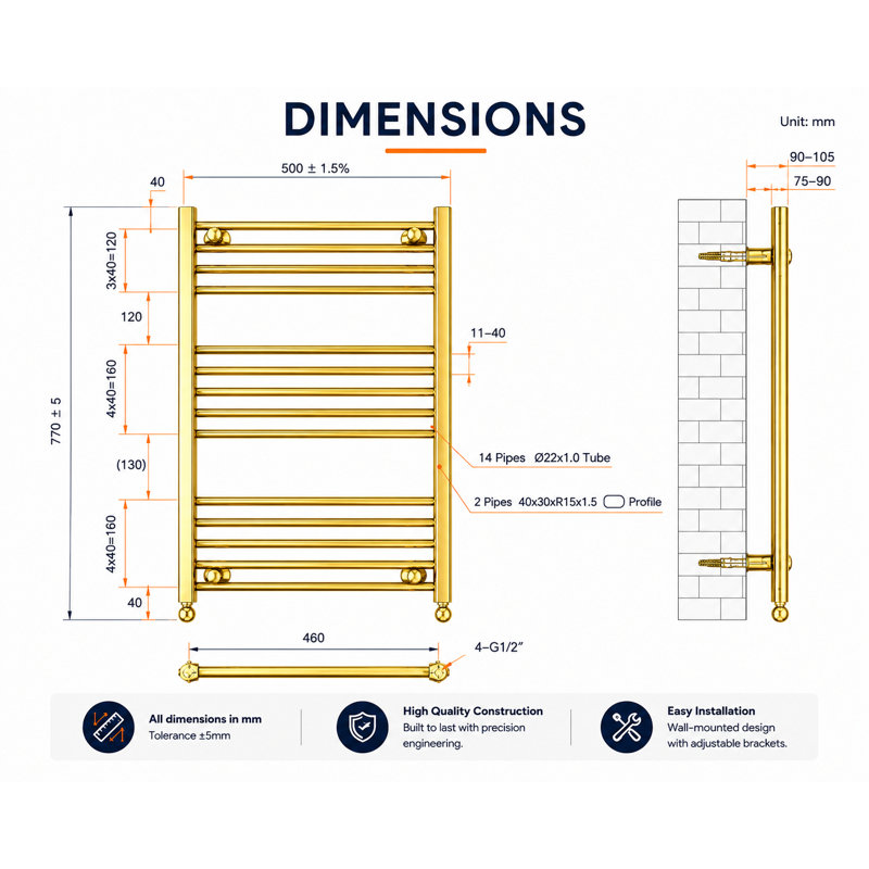 Heated Towel Rail 77cm x 50cm, Gold