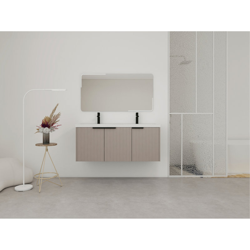 Meuble-lavabo mural avec lavabo double en résine et 3 portes à fermeture en douceur, emballage KD