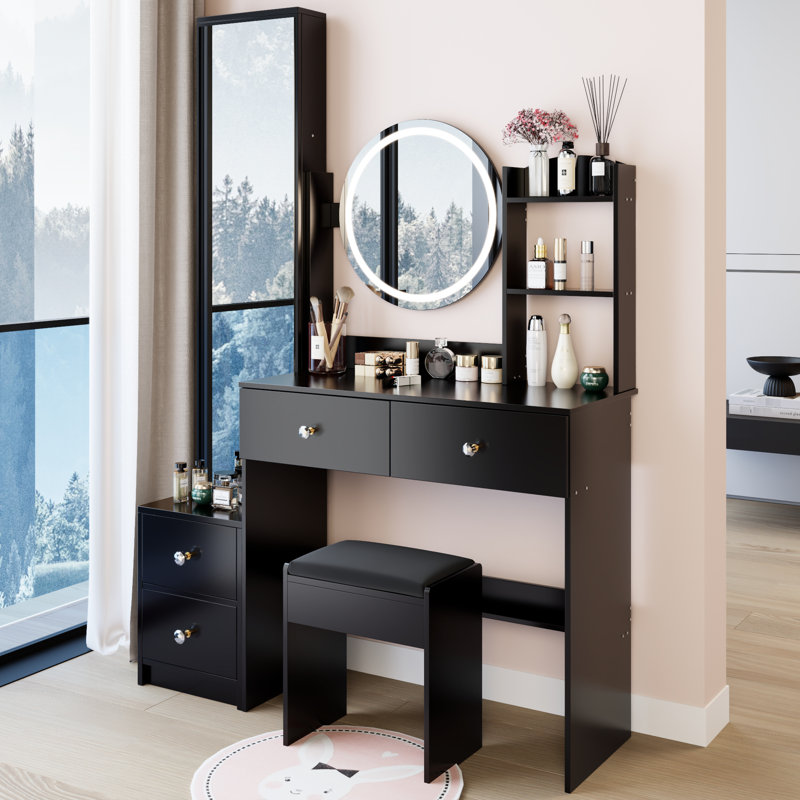 3 - Color Adjustable Brightness Touch Control Led Vanity Table And Full Body Mirror Cabinet With Cushioned Stool, American Design, Black Material, 44.43 In Depth, 14.35 Width, 64.05 Height, 79.32 Lb