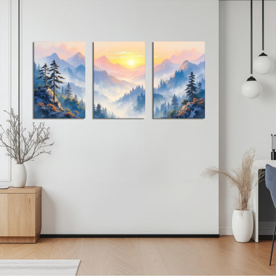 Paysage de montagne au lever du soleil, art mural sur toile, reproduction de peinture à l'huile (ensemble de 3)