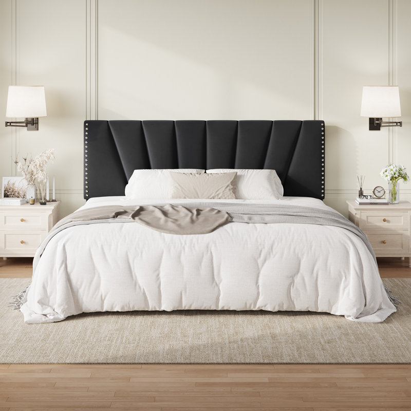 Velvet Upholstered Platform Bed Frame With Tufted Headboard And Nailhead Trim, Adjustable Height, No Box Spring Needed, Black