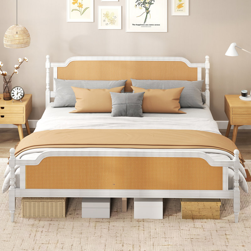 Platform Bed Frame with Natural Rattan Headboard and Footboard, Bohemian and Mid Century Style, Brown/White, Full