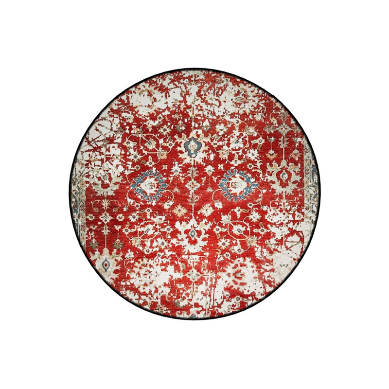 Red Themed Ethnic Motif Traditional Patterned Round Woven Base Vintage Decorative Carpet, Round 2'8"