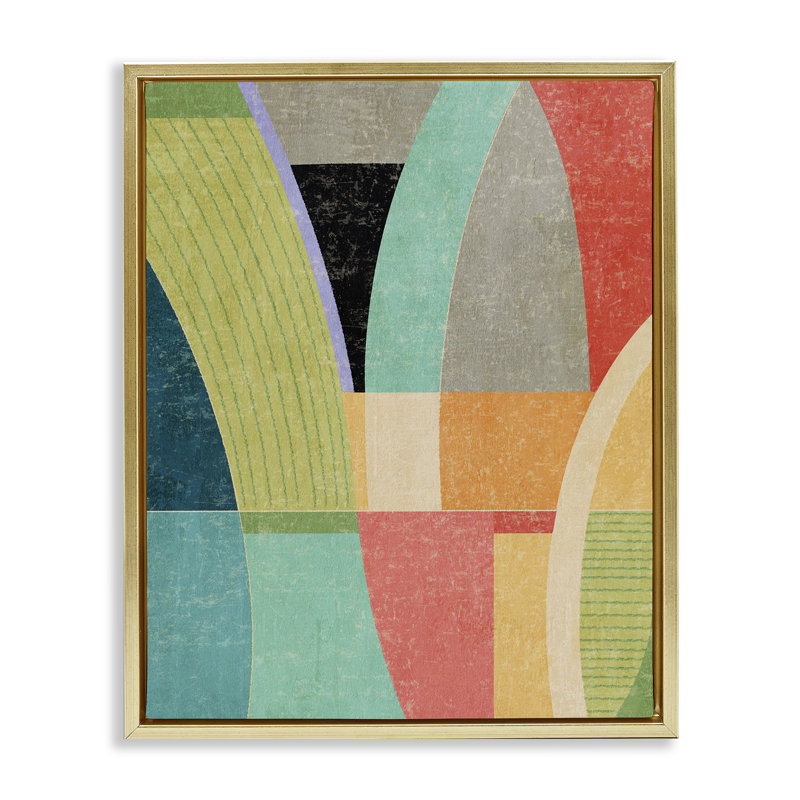 Cadre flottant rétro avec arches géométriques, design par Suzanne Nicoll, H 21 po x l 17 po, Cadre flottant métallique doré