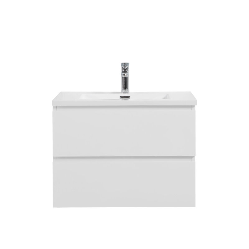Claren 28 po L x 19 po P 2 tiroirs Meuble-lavabo mural avec évier simple et Comptoir en Polymarbre blanc