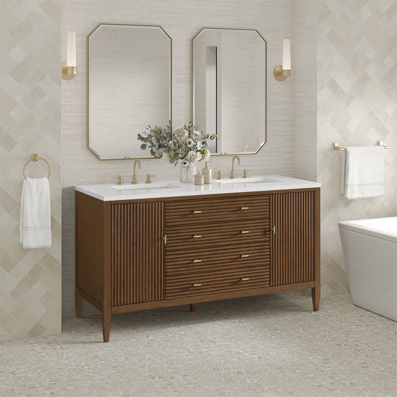 Myrrin 60'' W Double Vanity, Mid-Century Walnut, White Zeus, 8" Widespread