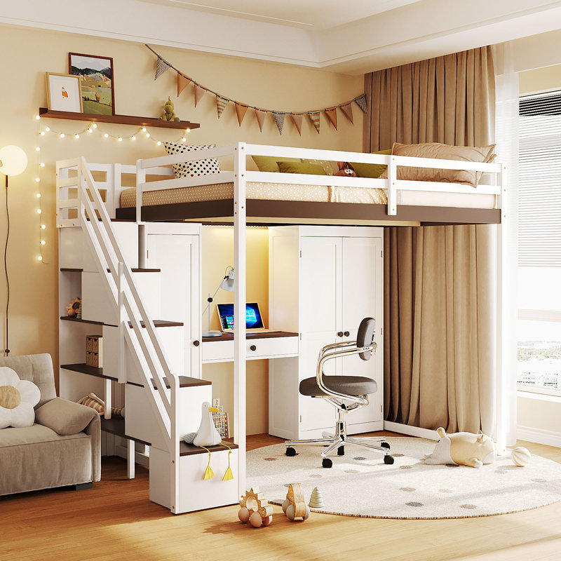 Full Size Loft Bed with Storage Staircase, Dressing Table with Mirror & Drawer, Wardrobe, USB Ports & LED Lights, White+Brown