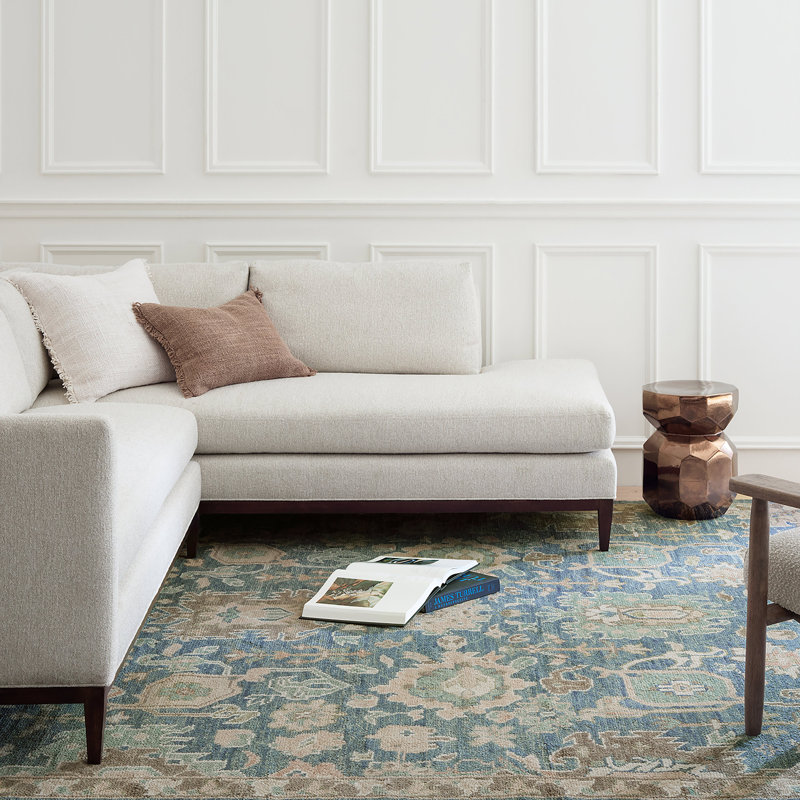 Camille Hand Knotted Wool Floral Area Rug in Navy/Beige, Rectangle 6' x 9'