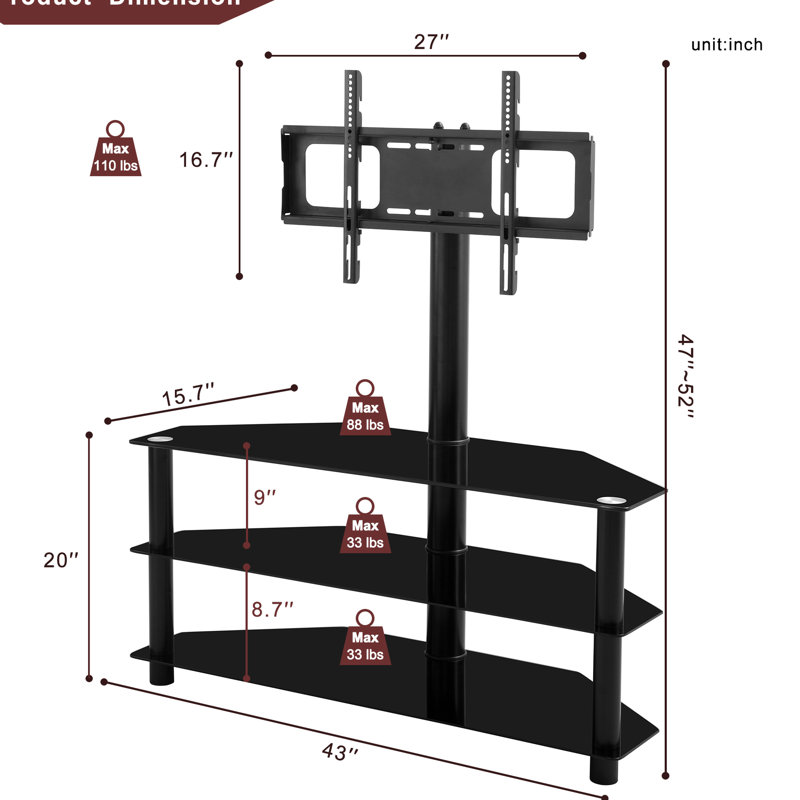 Black Multi Tv Stand With Swivel Bracket & 3 Adjustable Shelves, Fits 32 - 65 Inch Tvs Multi-functional And