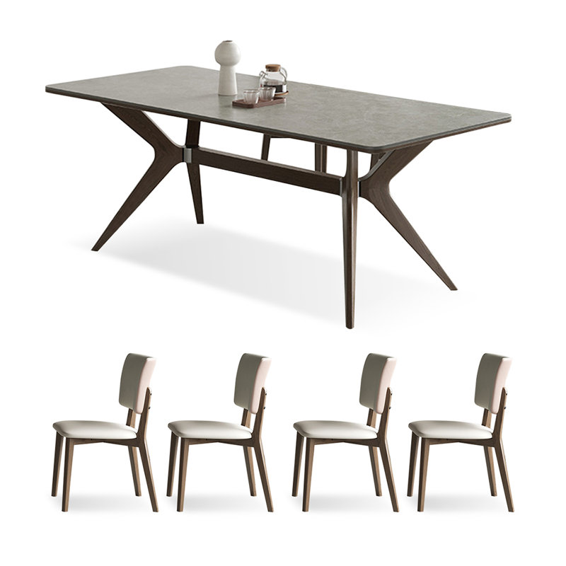 Ensemble de table de salle à manger pour 4 personnes en pierre frittée rectangulaire brun + bois massif