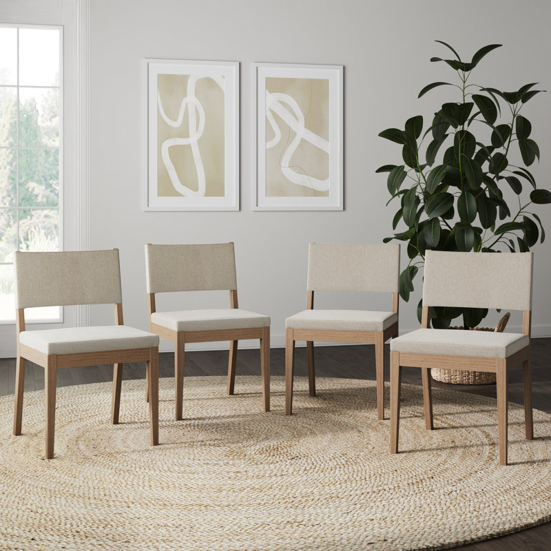 Chaise de salle à manger rembourrée en bois massif et lin, paquet de 4, Lin naturel, Brun, 4