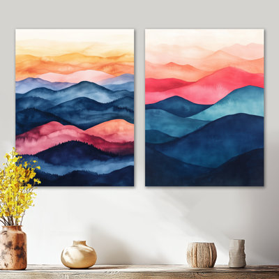Coucher de soleil dégradé des montagnes - ensemble de 2 reproductions murales abstraites en métal bleu