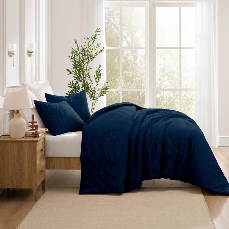 Ensemble d'édredon 3 pièces Kathy Ireland Waffle, Édredon pour très grand lit + 2 taies décorativ, Marine