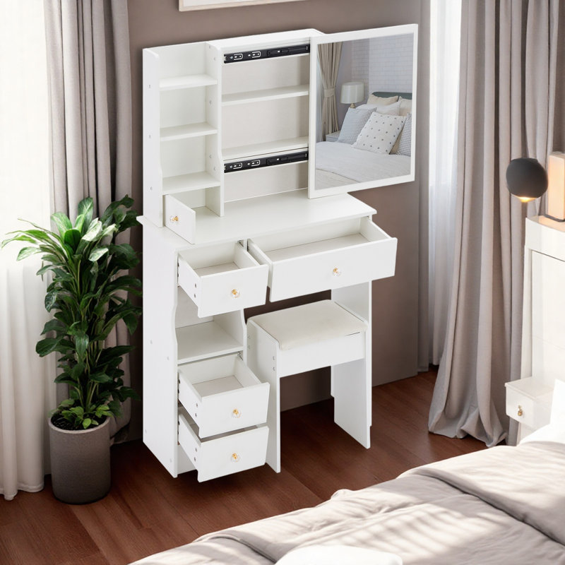 Coiffeuse moyenne avec miroir coulissant et tiroir, Blanc