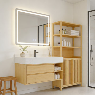 Armoire de rangement pour salle de bain 65 po avec tablettes et portes de 65 po de hauteur, armoire autoportante en lin avec tablettes ouvertes et rangement fermé pour la salle de bain, la salle de lavage ou le vestibule
