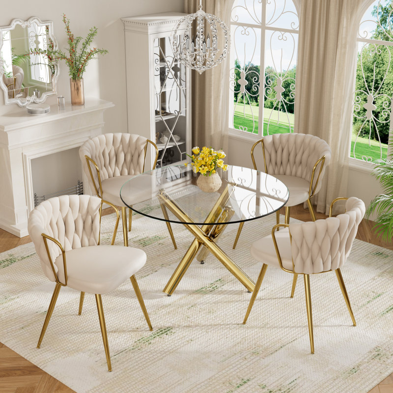 Ensemble de table de salle à manger Elegant, Beige, 5 pièces: table, 4 chaises, Doré