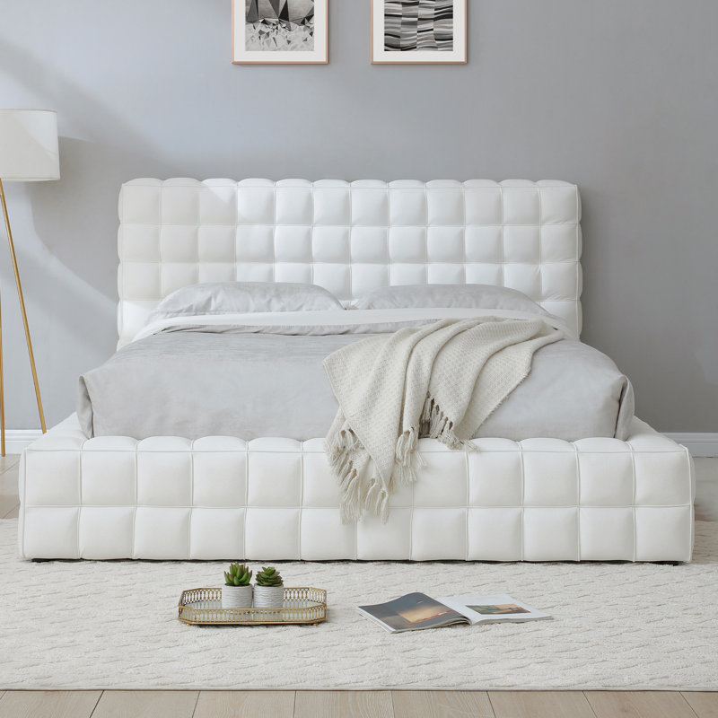 Cadre de lit rembourré en cuir Livia Vegan, Grand, Blanc