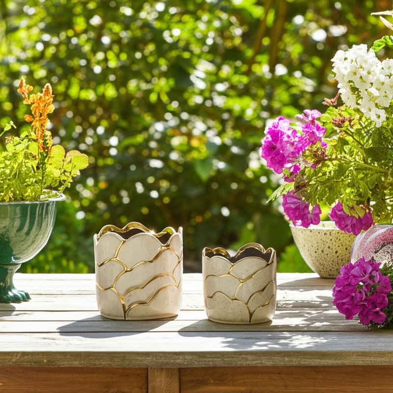 Boîte à fleurs décorative en céramique festonnée pour la décoration intérieure - pots à fleurs d'intérieur et d'extérieur pour fleurs, salon, décor de patio - ensemble de 2, ivoire
