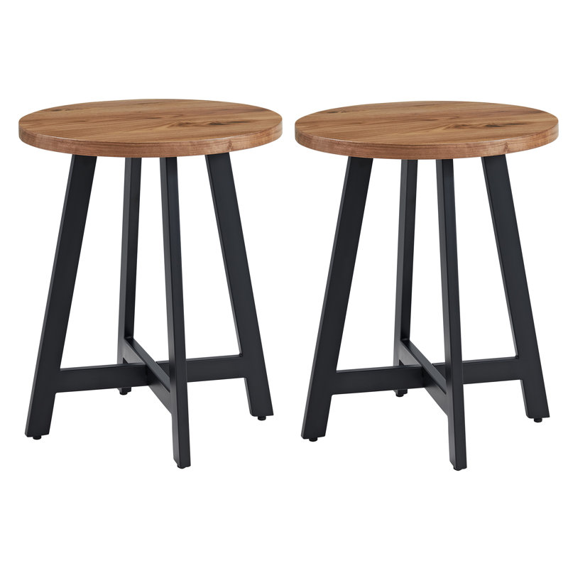 Ensemble de tables de bout - 2 tables d'appoint rondes industrielles avec dessus en panneau de fibres à densité moyenne et cadres en métal - pour le salon, la chambre à coucher ou le dortoir