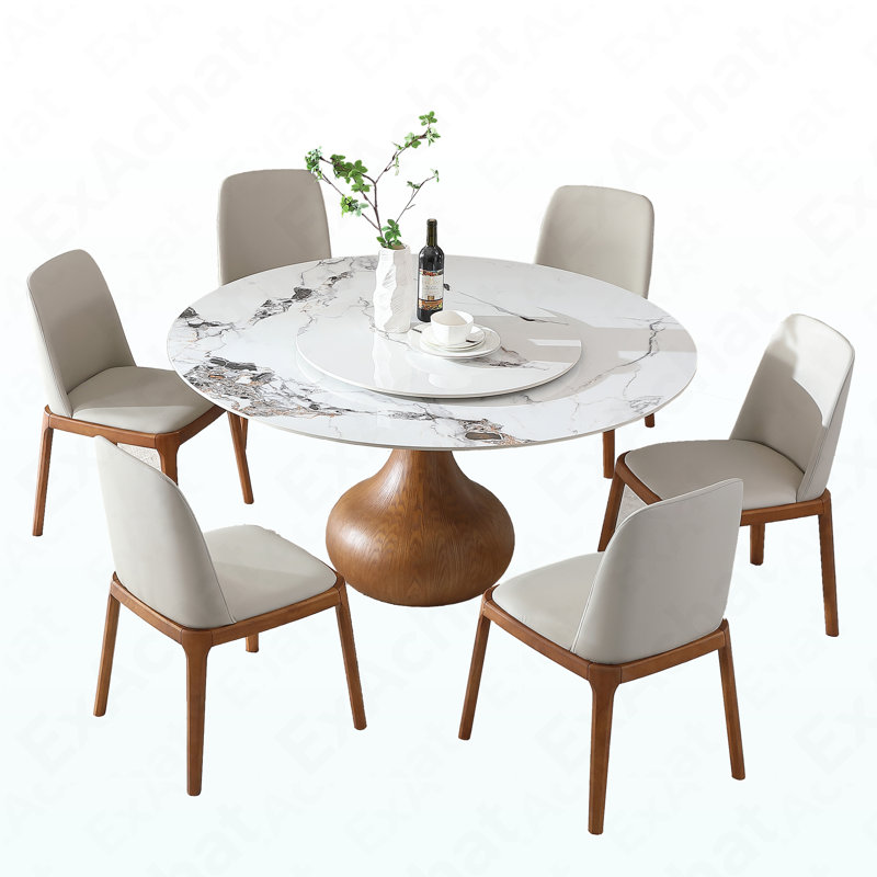 Table de salle à manger moderne en marbre, table ronde en pierre frittée de 59 po pour la salle à manger, cuisine, coin-repas, espace compact avec plateau tournant (6 chaises)