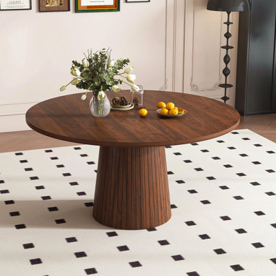 47 Inch Round Mdf Dining Table For 4, Modern Farmhouse Kitchen Table With Wood Strip Base, Walnut Finish Circle Table For Kitchen And Living Room