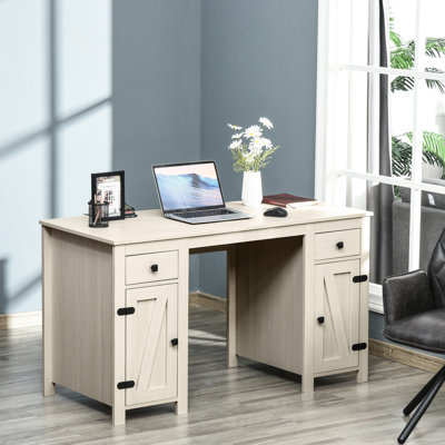 Bureau d'ordinateur de ferme avec rangement, bureau à domicile avec 2 tiroirs et 2 armoires