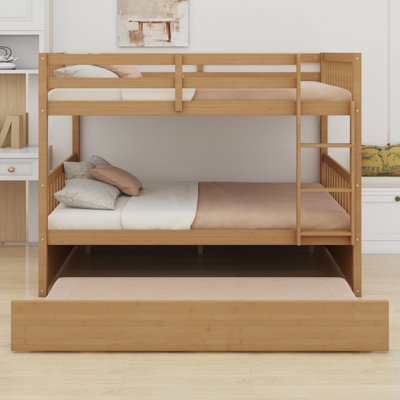 Structure de lit superposé en bois classique avec lit gigogne, échelle et garde-corps, convertible en deux lits