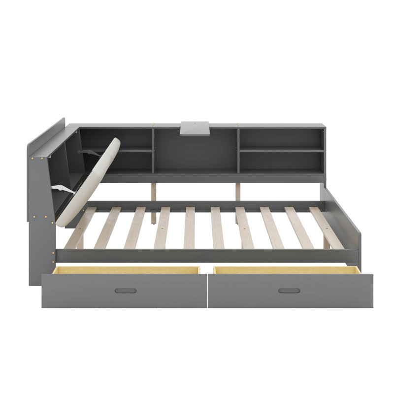 Lit plateforme double avec tête de lit, tablettes et 2 tiroirs, Gris