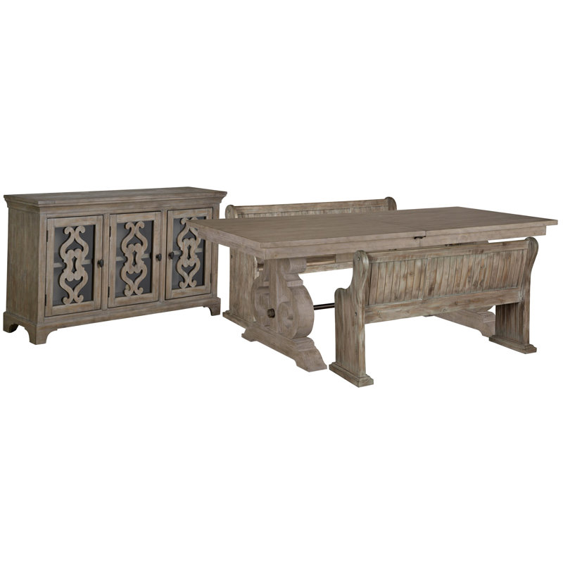 Extendable Rectangular Dining Table With 2 Benches And Server, 4Pcs:Table,Server,2Benches, Beige