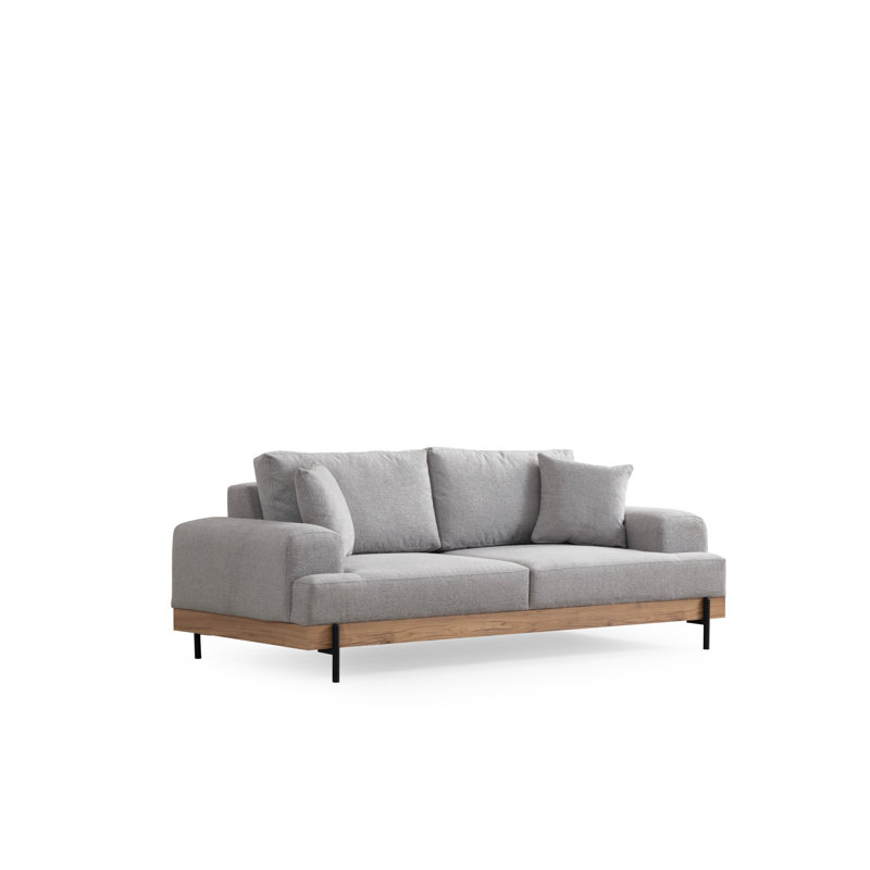 Élégant canapé 3 places, tissu gris, 86,6 x 38,6 x 30,7 pouces | Structure robuste en bois de hêtre et en bois aggloméré, revêtement 100% polyester doux | Coussin de siège fixe confortable et portable | Pieds noirs en métal durable, parfaits pour les salons