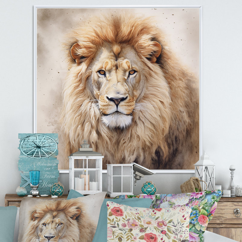 Fierce Lion II - Lion, art mural, H 36 po x l 36 po x P 1,5 po, Cadre flottant blanc