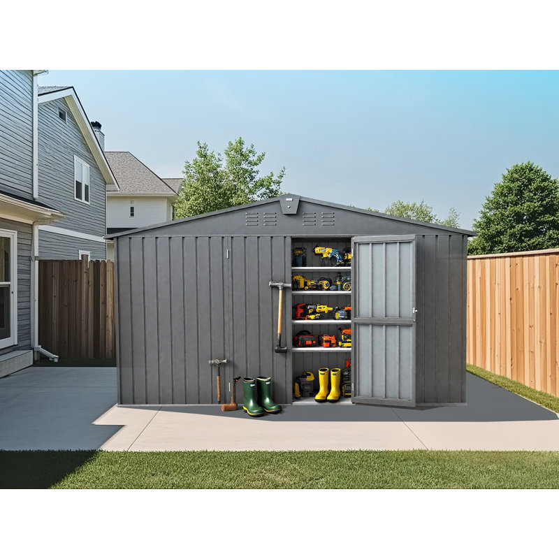 Remise de jardin en métal 11 pi x 12,5 pi - Rangement en acier galvanisé avec porte verrouillable et fenêtres (plancher non inclus)