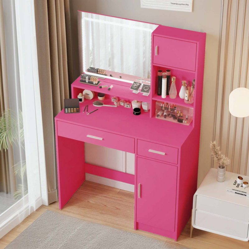 Vanity Desk With Mirror And LED Light Strip,Dressing Table With Large Drawer, 3 Level Storage Dresser & 3 Lighting Modes Adjustable Brightness, Suitable For Bedroom