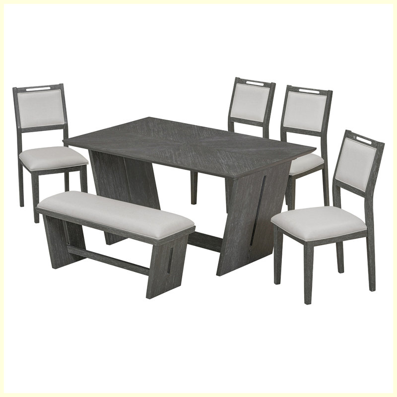 6-Piece Retro Dining Set, 1 Rectangular Table with 4 Upholstered Chairs and 1 Bench, Grey