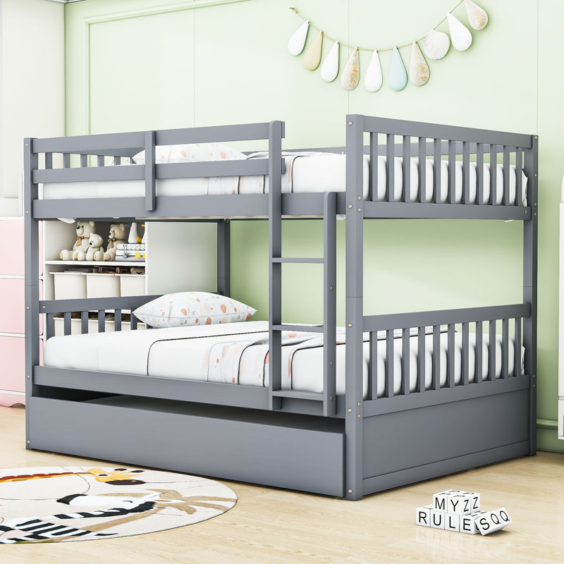 Lit superposé double au-dessus de double avec échelle intégrée, garde-corps et lit gigogne simple, gris