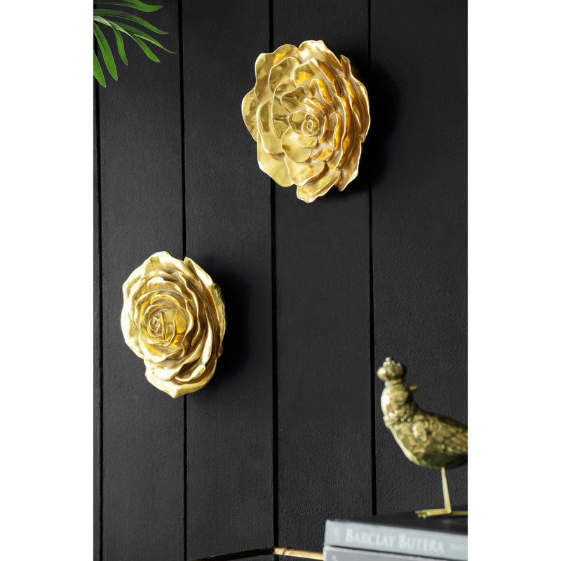 Set Of 2 Rose Hanging Wall Accents, Gold