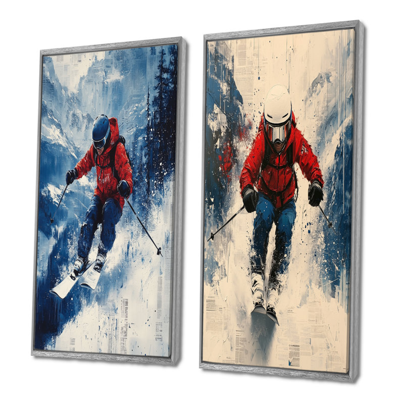 «Red Ski Big Air Accents With Blue I» - ensemble d'art mural 2 pièces, H 32 po x l 32 po, Encadrement argenté