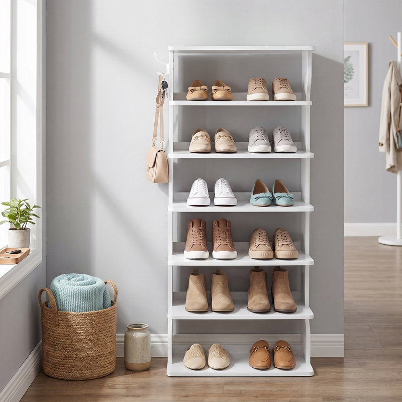 7-Tier Vertical Shoe Rack, Narrow Shoe Storage Organiser with Hooks, Slim Corner Shoe Tower Rack, for Entryway, Bedroom, Black