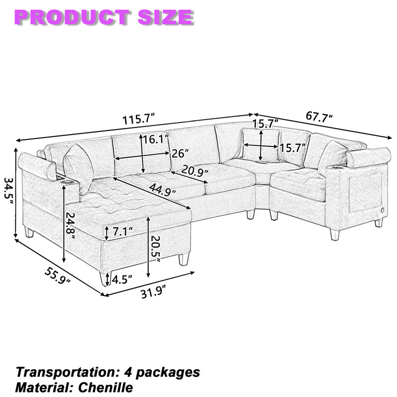 Canapé modulaire de 115,7 po en forme de U avec ports USB et rangement, canapé d'angle en chenille moderne avec méridienne, porte-gobelets et coussins capitonnés moelleux pour le salon