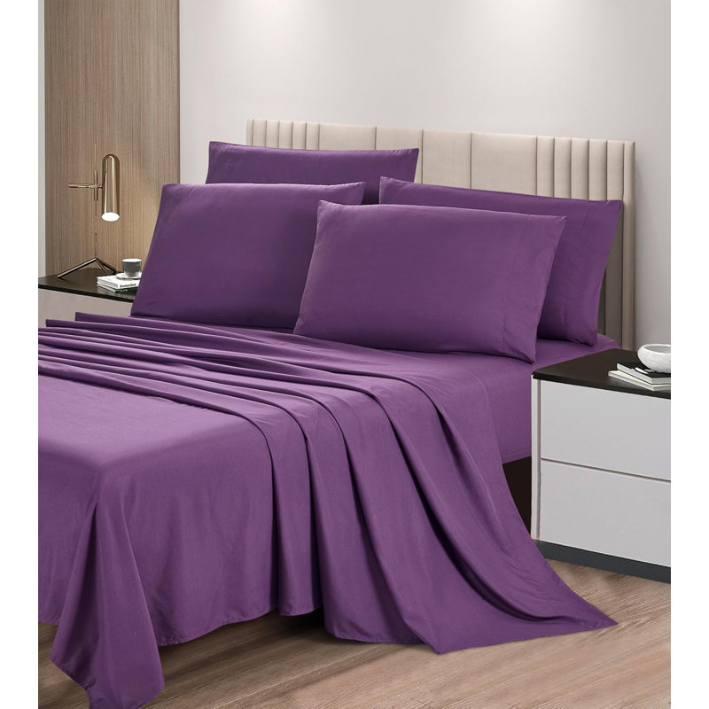 6-Piece Brushed Microfiber Bed Sheet Set, King Sheet Set with 5 Additional Pieces, Dark Purple