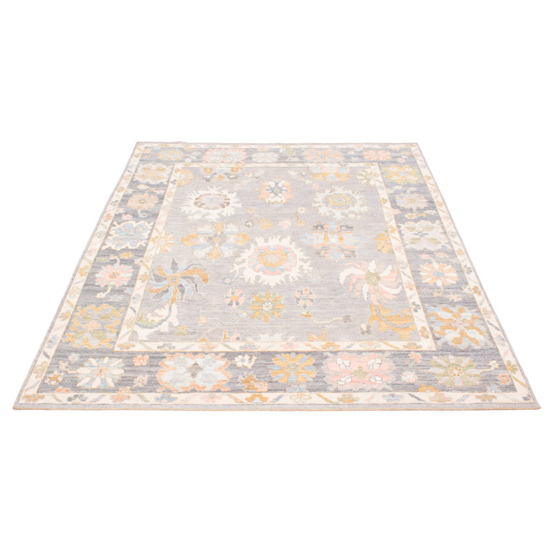 Tapis gris en laine noué à la main de conception unique 8 pi 0 po x 9 pi 10 po New Age
