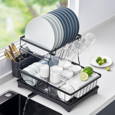 Large 2-Tier Dish Rack With Swivel Spout - Durable Steel, Adjustable Utensil Holder, Easy Install