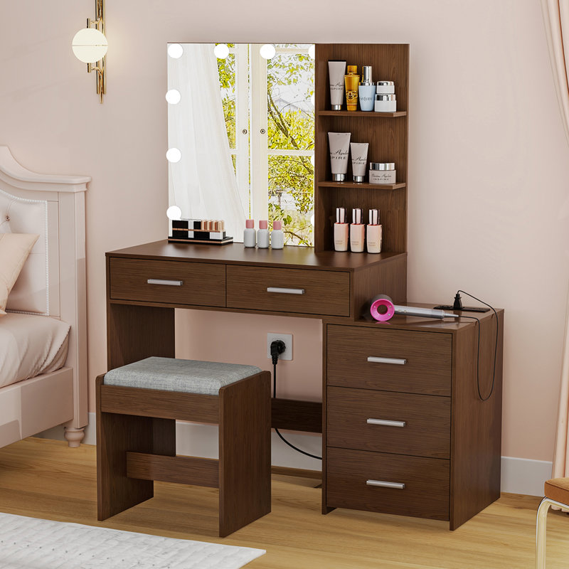 Grand ensemble de coiffeuse avec miroir lumineux et station de recharge, Brun