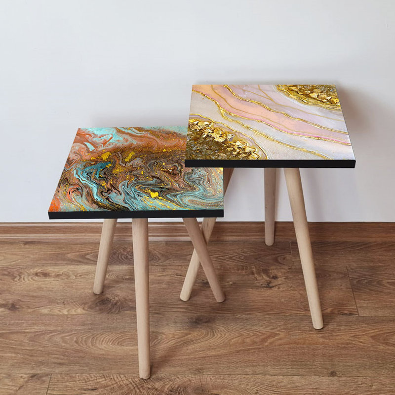 Ensemble de 2 tables gigognes élégantes en marbre, conception abstraite, 13,8 x 18,5 x 13,8 pouces et 13,8 x 16,5 x 13,8 pouces | 100% panneau de fibres à densité moyenne avec des pieds en bois de hêtre, robuste et élégant pour le salon, décoration intérieure moderne