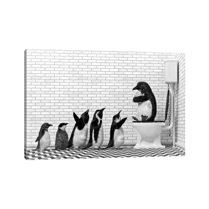 Penguin Family At The Toilet by Jauffrey Philippe - Gallery-Wrapped Canvas Giclée on Canvas, 30.48 cm H x 45.72 cm W
